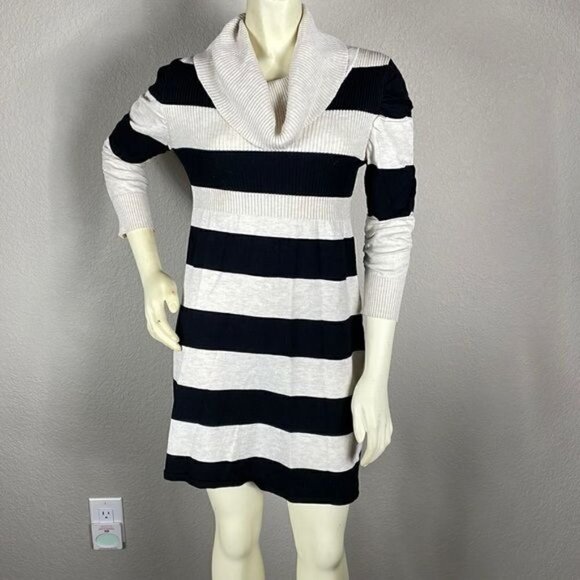 Pink Rose Striped Sweater Dress Black and Gray Ribbed Bodice Cowl Neck Sz S - Picture 1 of 11